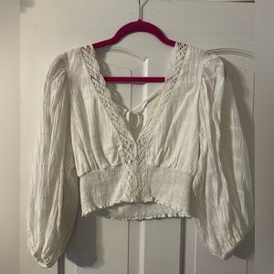 White Cropped Lace Detail Puffed Sleeve Top Size Medium Boho.